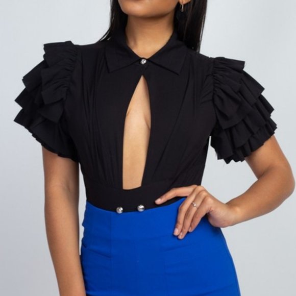 Black Cutout Ruffle Sleeve Bodysuit – High Neck Statement Party Top - Picture 3 of 8